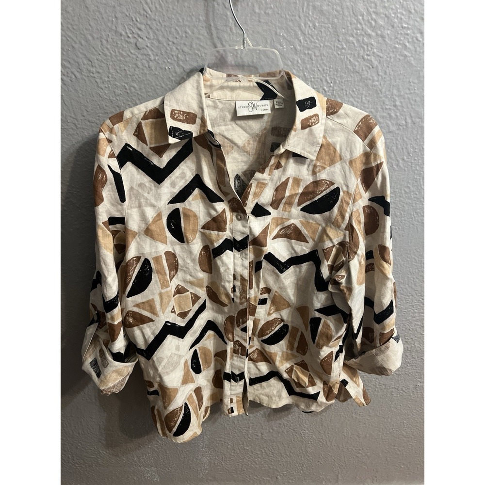 Studio Works Womens Linen Shirt Button Up Tan‎ Brown Black Size PXL
